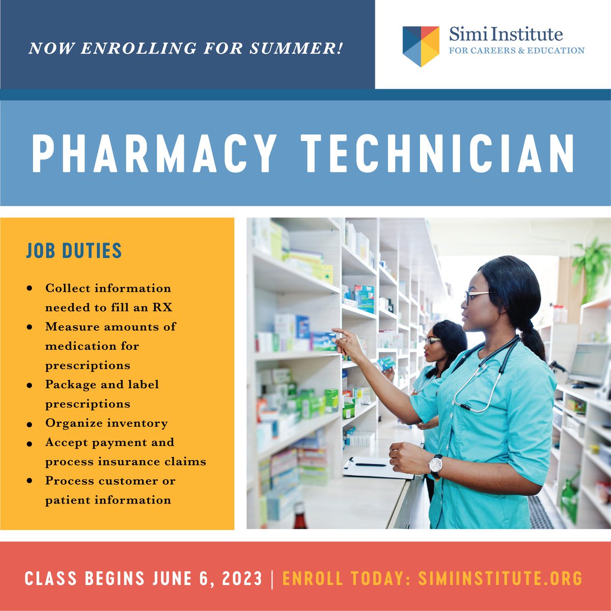Train for a rewarding healthcare career in just THREE MONTHS! Our Pharmacy Technician program prepares students to play an integral role in pharmacy settings.

Class starts June 6. Enroll today! tinyurl.com/3y5598bp