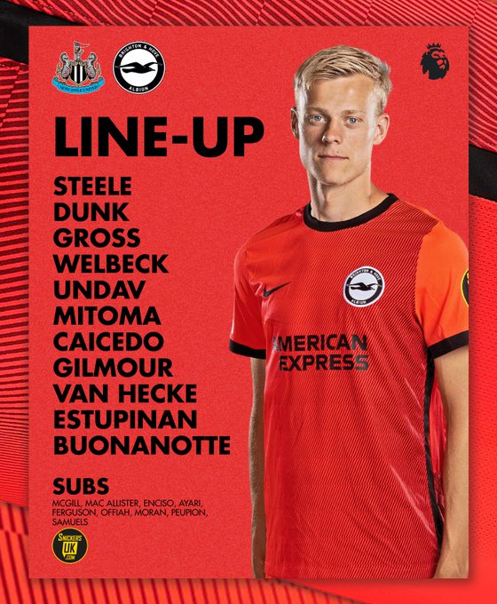 Newcastle v Albion team graphic featuring an image of Jan Paul van Hecke in our crimson away kit: 

Steele, Dunk, Gross, Welbeck, Under, Mitoma, Caicedo, Gilmour, van Hecke, Estupinan, Buonanotte. Subs: McGill, Mac Allister, Enciso, Ayari, Ferguson, Offiah, Moran, Peupion, Samuels. 

Come on Albion!
