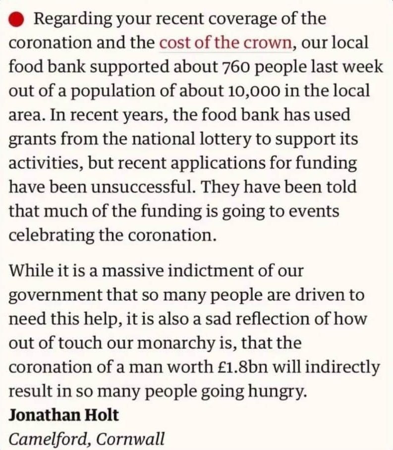 Rachael_Swindon's tweet image. A food bank quite literally losing funding because a coronation needed celebrating. 

That’s roughly where we are right now.