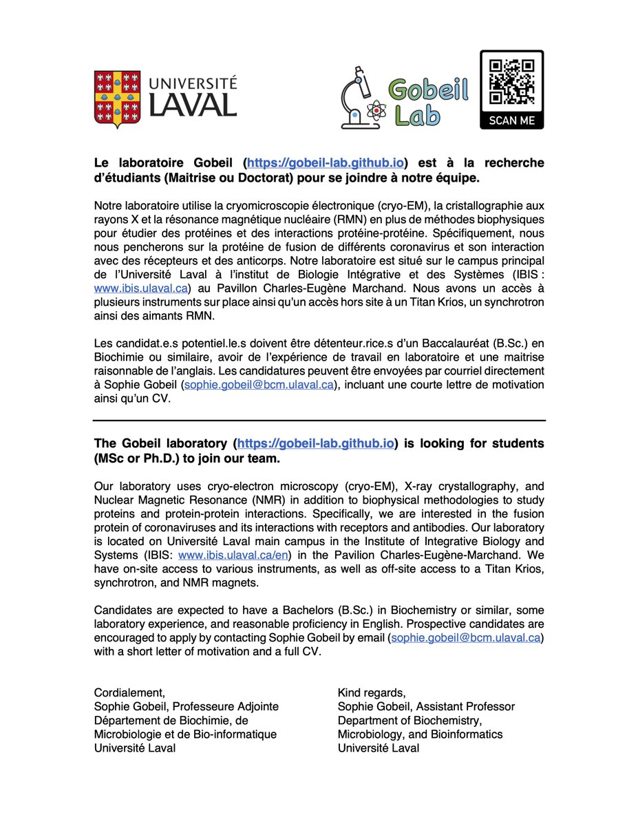 We have an open PhD position in the <a href="/sophie_gobeil/">Sophie Gobeil</a> Lab <a href="/universitelaval/">Université Laval</a> <a href="/ibis_laval/">IBIS-ULAVAL</a>! If you like structural biology and are interested by viruses, fungi, and host-pathogen interactions reach out! Official posting here: projets-recherche.ulaval.ca/en/project?id=…