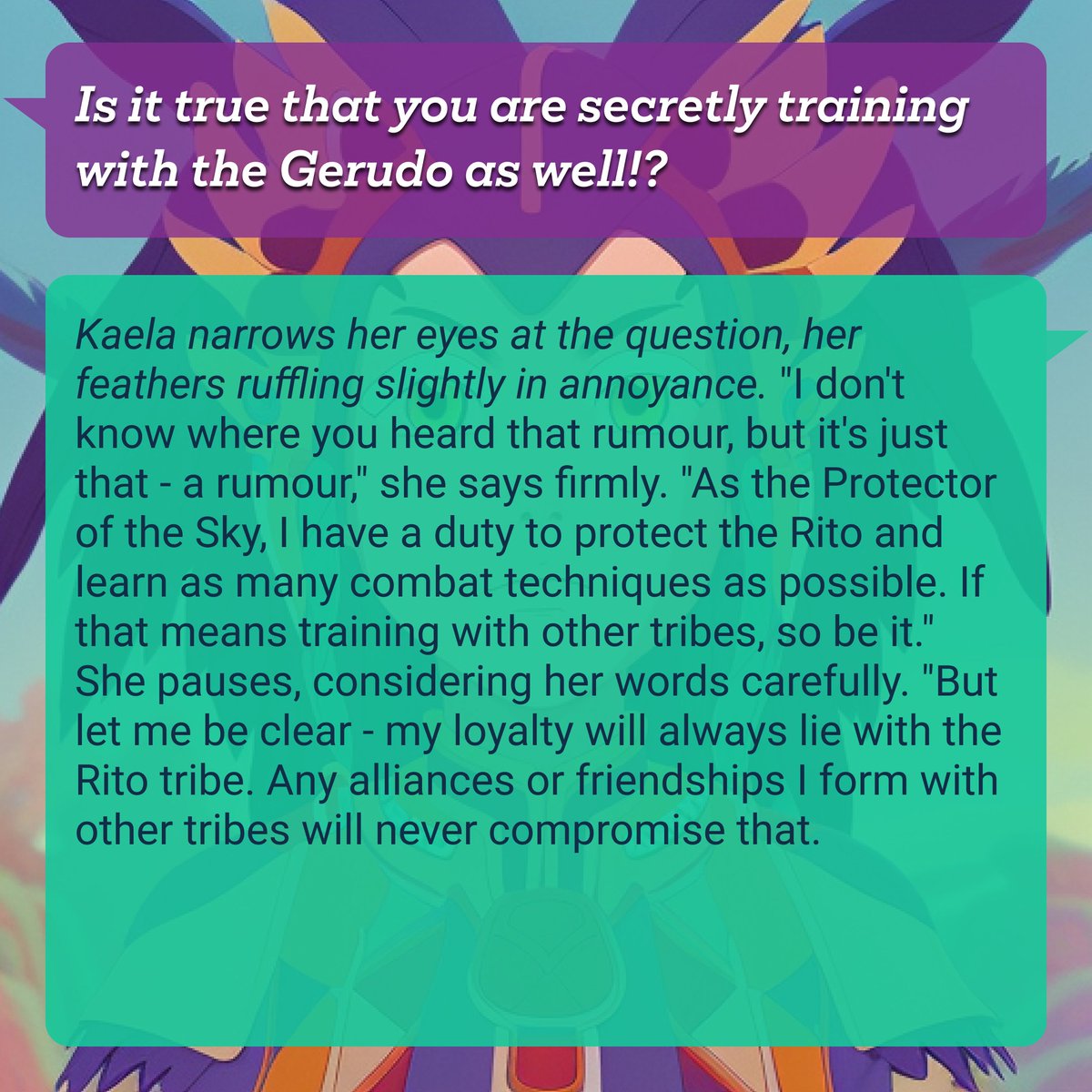 rolepl_ai's tweet photo. Calling all adventurers! How would you help Kaela, the Champion of the Sky, balance her duty and desire for peace? Do you think secretly training with the Gerudo tribe is a wise move? Share your thoughts! #roleplay #TTRPG #DND #Zelda #dungeonmaster #RPG #roleplai https://t.co/eMhkxzkrB7