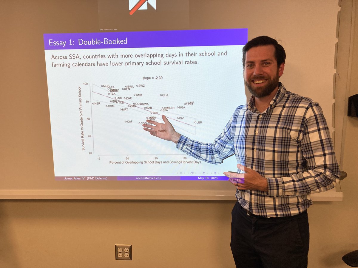 Congratulations Dr. @JEAllenIV on your successful @umichECON Ph.D. dissertation defense today! Committee includes @DavidLam_UMich, Tanya Rosenblat, and Lauren Bergquist. Best of luck as you start your career at @IFPRI ! jamesalleniv.com