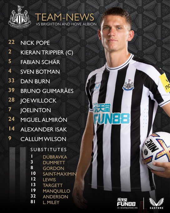 Newcastle United v Brighton and Hove Albion:

Pope, Trippier (C), Schär, Botman, Burn, Bruno G., Willock, Joelinton, Almirón, Isak, Wilson.

Subs: Dúbravka, Dummett, Gordon, Saint-Maximin, Lewis, Targett, Manquillo, Anderson, L. Miley.