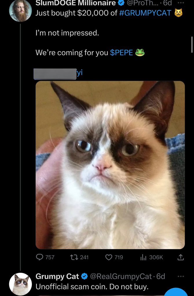 Internettor's tweet photo. @ProTheDoge Prothedoge being host when the official manager of grumpy cat was kicked off stage, confirmation from the official Grumpy Cat account that this is a scam, and the NFT with the cease and desist letter for the scam grumpy cat coin 

https://t.co/kWACiNSWIo

Slam dunk L 4u https://t.co/0vYBmemk5g