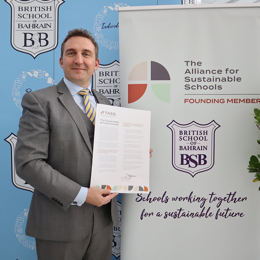 Proud moment for #BSB as our Executive Headmaster, Mr. John Maguire, signs The Alliance of Sustainable Schools Charter, together with representation from the Senior School Environmentalists &amp; the BSB Eco Rangers. Exciting journey ahead! #Sustainability #Education #BahrainSchools