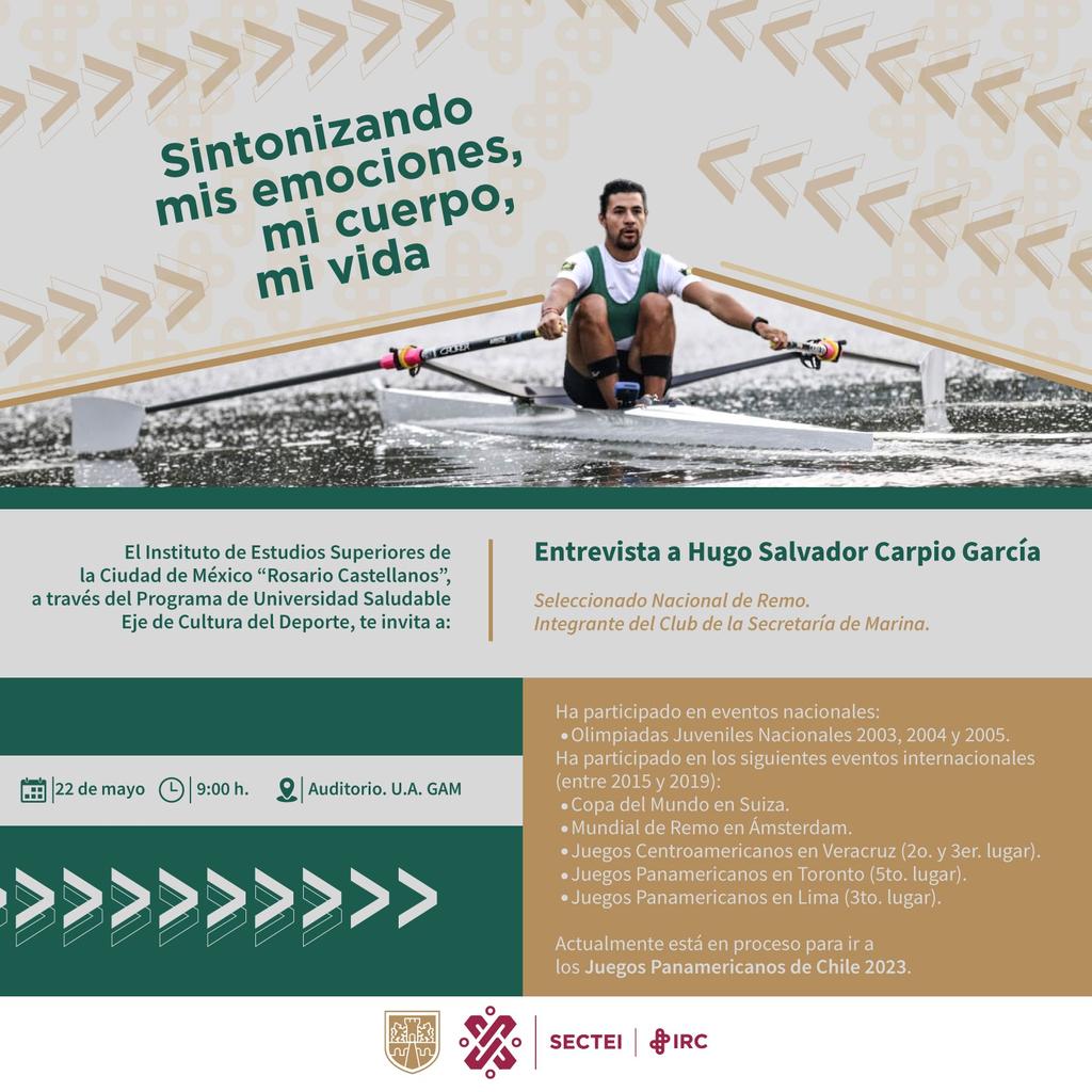 UNRCastellanos's tweet photo. Contaremos con la dicha de poder entrevistar a Hugo Salvador Carpio García, deportista de alto rendimiento. 🚣♂
El Programa de Universidad Saludable invita a toda la #ComunidadIRC para que nos acompañen. 👀
📆 22 de mayo
⌚ 9:00 hrs.
🏫 Auditorio | U.A. GAM
#OrgulloIRC https://t.co/cv7lO1sLnh