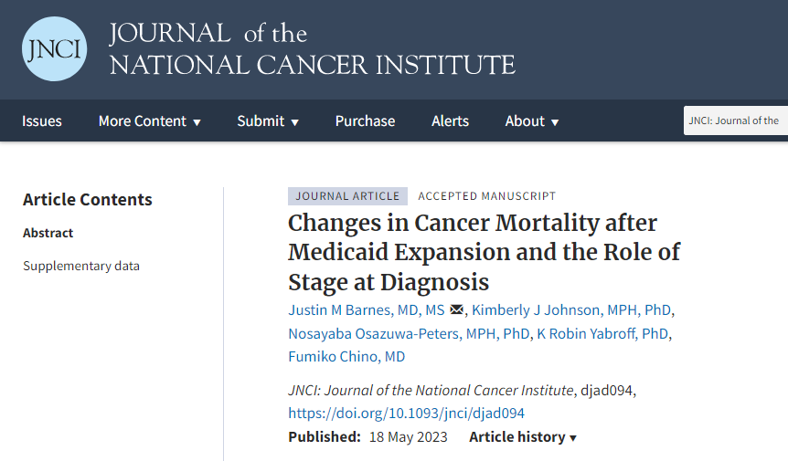 Excited to share new data published today in @JNCI_Now! 

Using incidence and mortality rate data for all 50 states plus DC from 2001-2019, we find #MedicaidExpansion is associated with:

⬇️ distant stage cancer incidence (2600 fewer)
⬇️ cancer deaths (1600 fewer)
