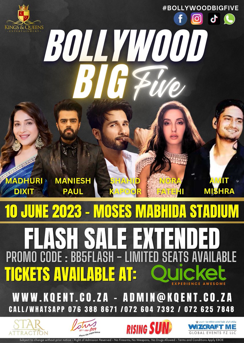 EXTENDED 50% FLASH SALE BACK BY DEMAND! Get your tickets now at quicket.co.za using promo code: BB5FLASH. Ts&Cs apply. #MadhuriDixit #ShahidKapoor #NoraFatehi #ManieshPaul #AmitMishra #BollywoodBigFive #KingsAndQueensEntertainment