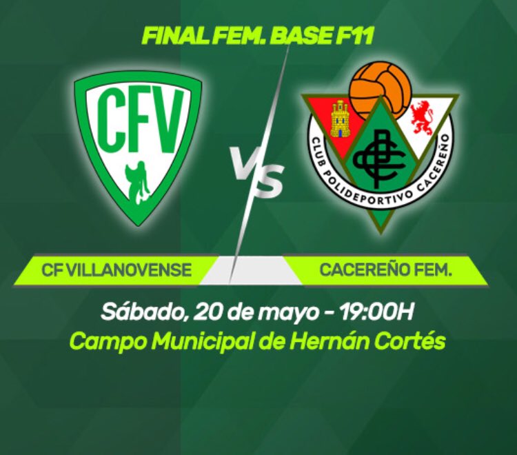 CDHERNAN_CORTES's tweet photo. COMUNICADO |

Excelente noticia para los aficionados al fútbol.El próximo sábado día 20 se jugará en el municipal,la FINAL FEMENINA BASE F11,los equipos femeninos del @cfvillanovense y el @CPCacerenoSAD 

Entrada gratuita y servicio de barra
La final será retransmitida en directo https://t.co/q3hefHbPwm