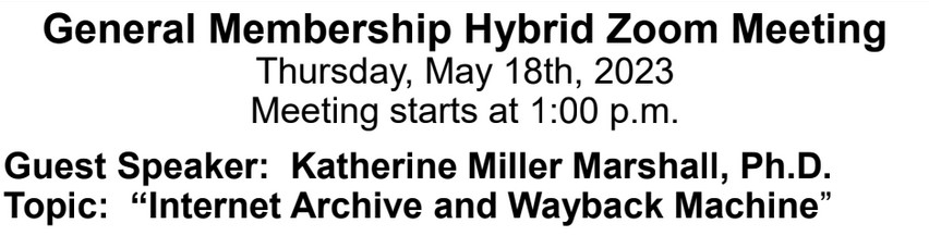 For local #familyhistory fans: in #Stockton today, join SJGS at 1:00 to hear Kathryn Marshall talk about using Internet Archive and the Wayback Machine for #genealogy. <a href="/ssjcpl/">Stockton-San Joaquin County Public Library</a> Troke Library, 502 W Ben Holt.