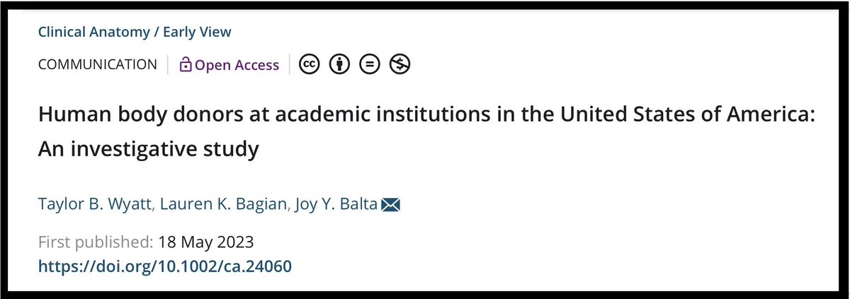 🚨Hot off the Press🚨

In this study from the #BaltaLab, @TaylorBWyat, @LKBanatomy and I investigated the contributions of human body donors at academic institutions in the US!

Read more on this link: onlinelibrary.wiley.com/doi/full/10.10…

#Anatomy #ClinicalTraining #MedEd #Outreach