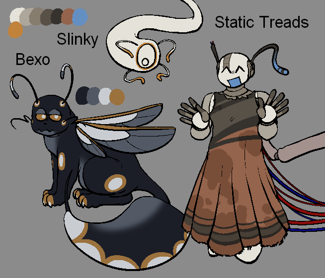 New #rainworldoc omg!!
Static Treads is one of the dumbest creatures ever, almost every question you ask her will be met with 'idk' because her memory is awful, Bexo is the brains in this case, keeping track of her neurons and whatnot. Slinky's just happy to be here.
#rainworld