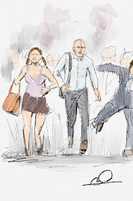 天気が良い日だったので街中で歩いてる人達を描いてた