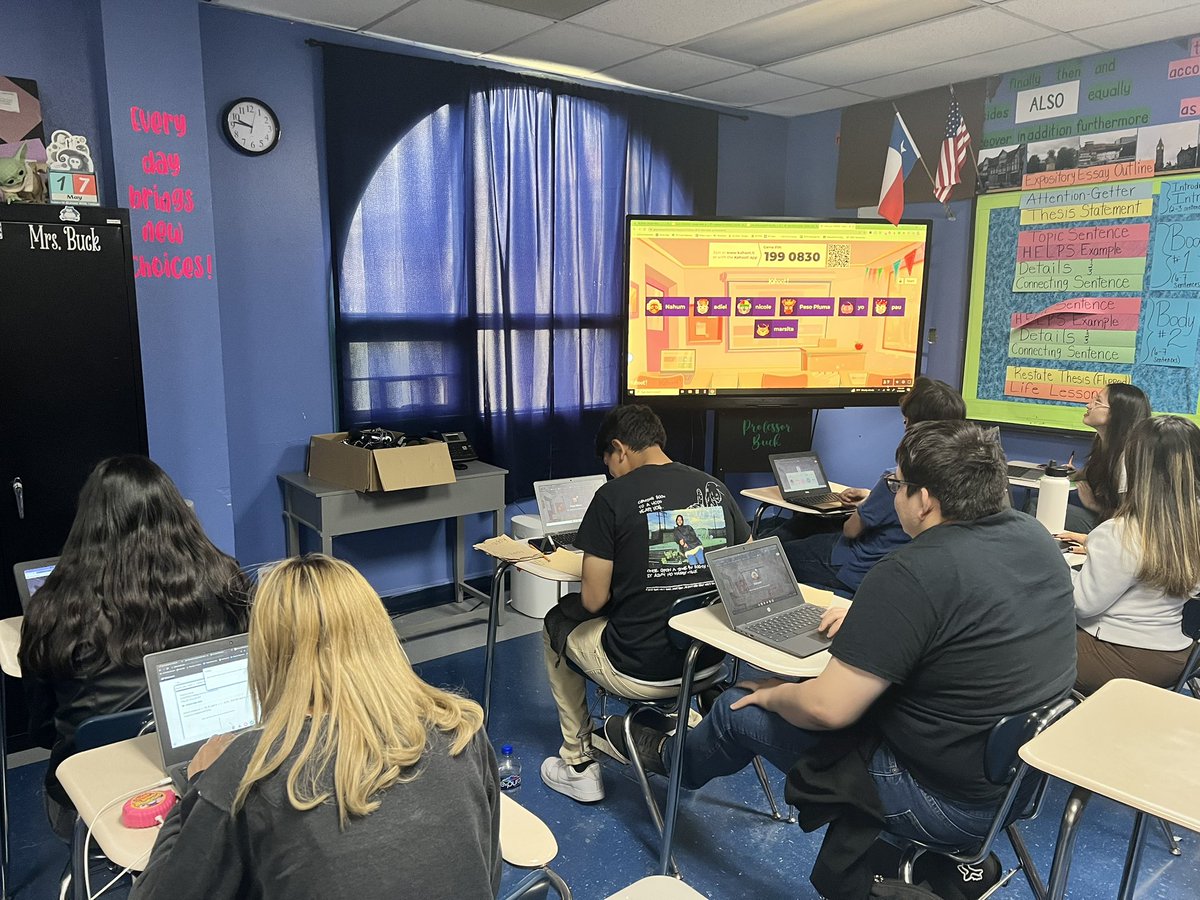 Mrs_DeeBuck's tweet photo. In addition to projects, what better way to review a novel than with @Kahoot ! Kids love seeing their names on the scoreboard rise & fall: 100% engagement 🤩 then they’ll use what they learned on an #AdobeEduCreative template 🥰 #Kahoot #EnglishRules 🤓 https://t.co/GohoJoO2P9
