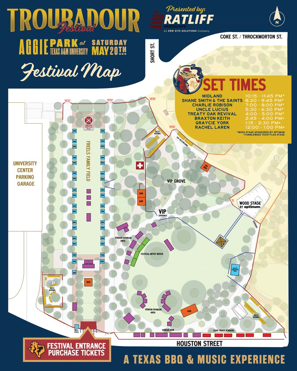 Here's your official festival map for Aggieland! We're stoked to see y'all at Aggie Park for an incredible day of barbecue and country music. 

Still need tickets? Buy online and avoid higher prices at the gate: prekindle.com/event/91826-20…

Important info: troubadourfestival.com/texas-am-info