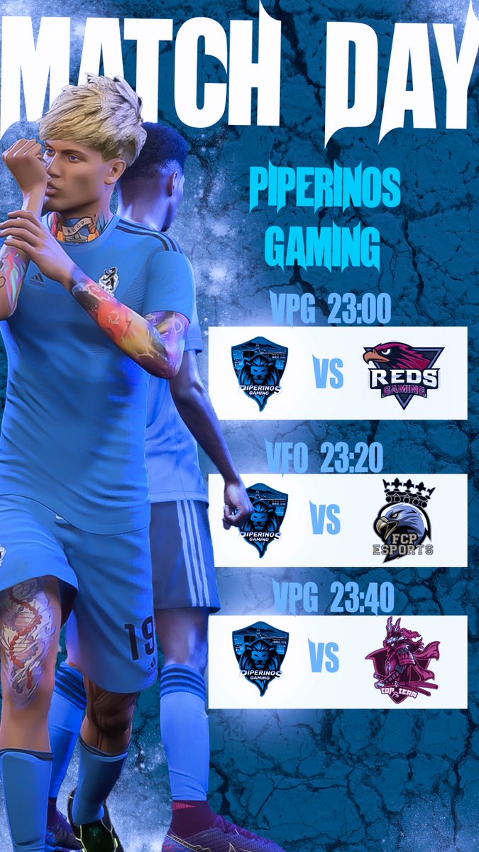 ⚽️MATCHDAY⚽️

🏆 | J23 <a href="/VPG_Spain/">Virtual Pro Gaming España</a>
🆚 | <a href="/RedsGaming_ESP/">Reds Gaming E.C 🔴</a>
⌚ | 23:00

🏆 | J20 <a href="/VFOspain_ps/">VFOspain PS</a>
🆚 | <a href="/eSportsFCP/">FCP eSports 🦅</a>
⌚ | 23:20

🏆 | J24 <a href="/VPG_Spain/">Virtual Pro Gaming España</a>
🆚 | <a href="/TopTeamProPS5/">Top Team Pro</a>
⌚ | 23:40

🎙️ Retransmitimos los partidos en:
youtube.com/@piperinosgami…

⚔️🛡️ #BlueLions #RugidoNazari #GoPiperinos