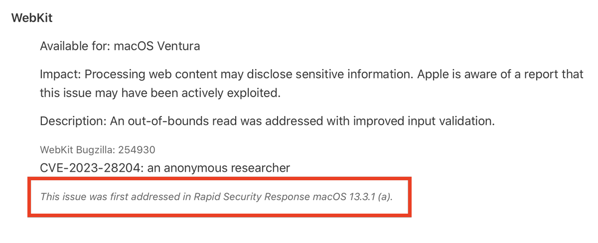 bintelbot's tweet photo. patrickwardle: RT @ClassicII_MrMac: Apple has released the details of the macOS Ventura 13.3.1 (a) RSR update.🔐 https://t.co/PK10O8ebgH https://t.co/DFwsSXOHig