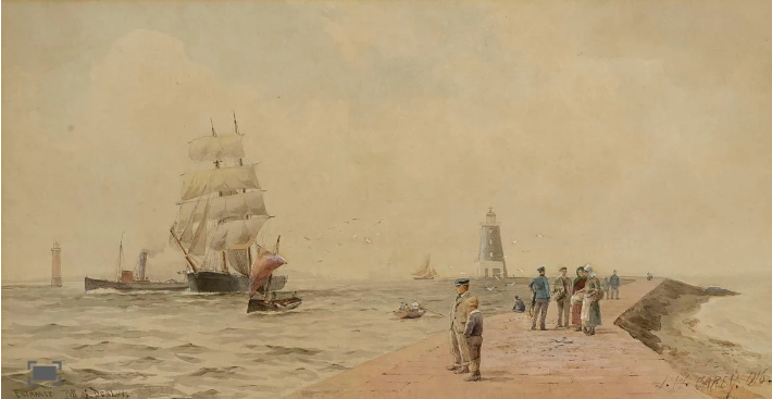 RuthCan75563366's tweet photo. Entrance of Dublin Harbour, 1916, by Joseph William Carey (1859-1937).  As decisions of Irish judges were liable to be overruled in London on appeal, the joke in the Four Courts was that the law could change with the packet boat. Image via Mutual Art: https://t.co/6yxJixLVDE https://t.co/JlzrDBtPBg