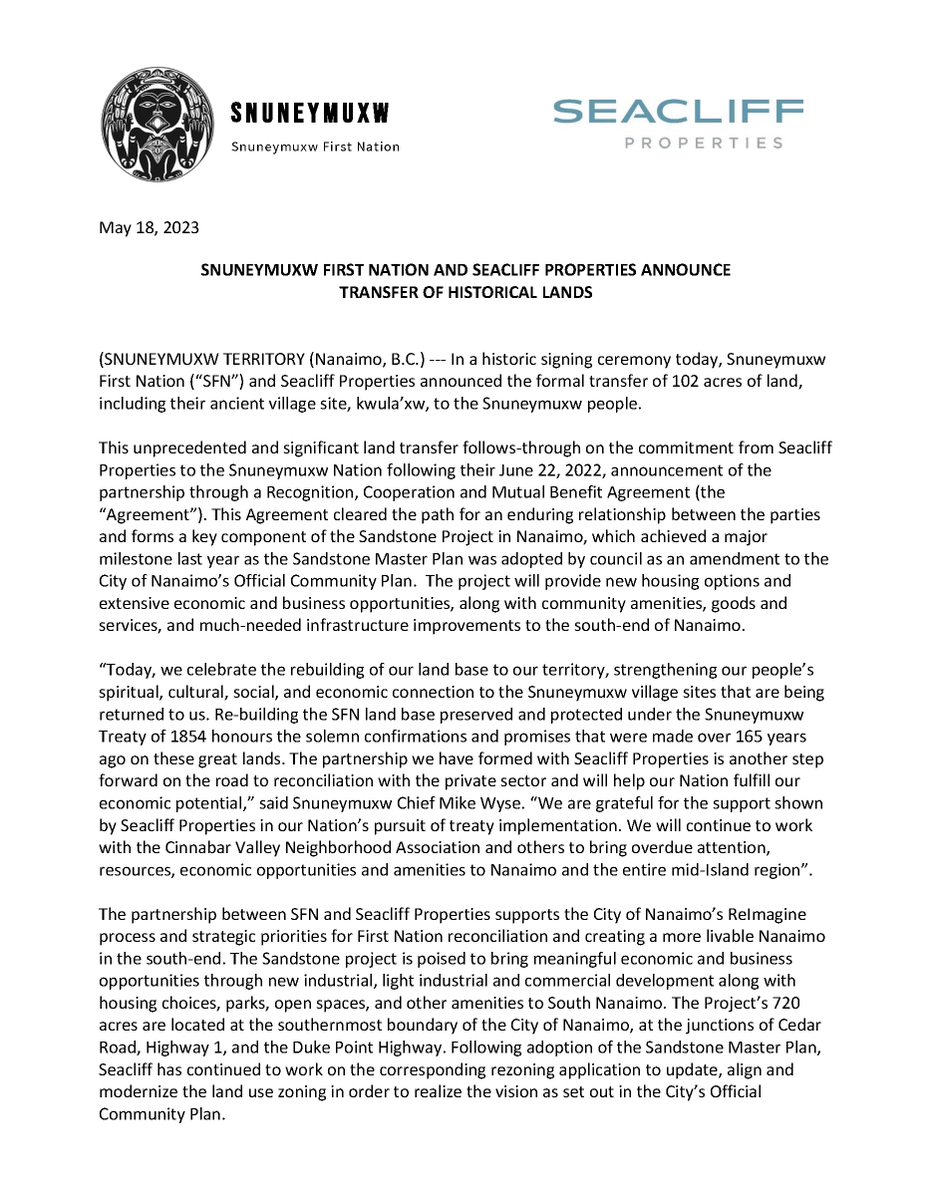 Snuneymuxw's tweet photo. In a historic signing ceremony today, Snuneymuxw First Nation and Seacliff Properties announced the formal transfer of 102 acres of land, including their ancient village site, kwula’xw, to the Snuneymuxw people. Unprecedented. https://t.co/4YrwSwfzsC