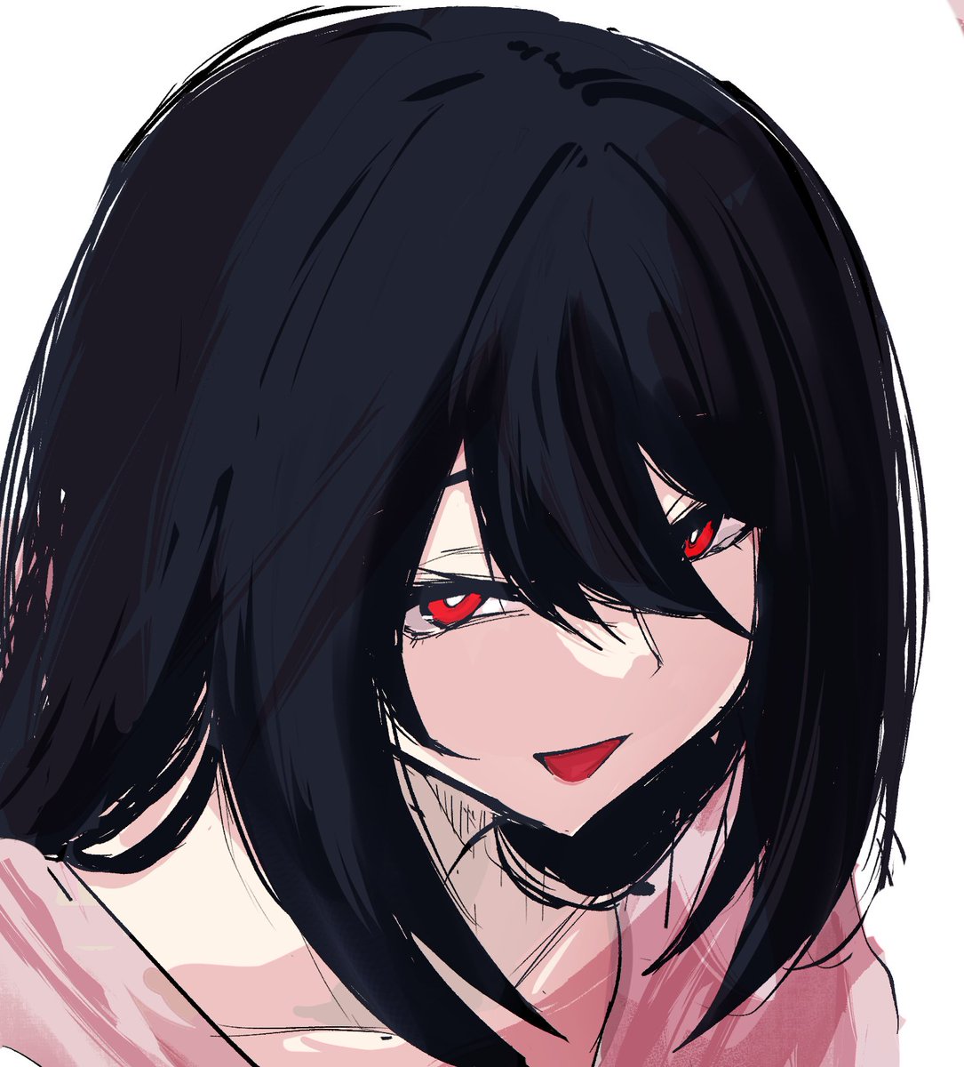 1girl solo red eyes black hair looking at viewer hair between eyes white background  illustration images