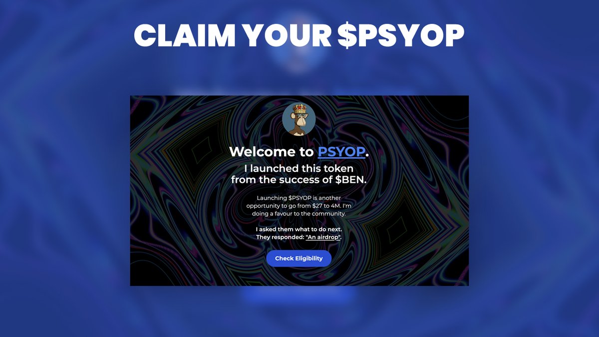 ben_e2h's tweet photo. $PSYOP token #Airdrop is live!

Check eligibility and claim on their site:
🔗 https://t.co/QN0H26zo3f

$PLSX #pulsex #pulsechain $HEX #HEX $PSYOP $PEPE $WAGMI #1000x $DONS $BEN #pepeislove $GEN $BOBO #LADYS #memecoins #PLSX $SFUND #pepearmy #1000x $SMUDGE #crypto #pepecoin #lido https://t.co/Zv3mw2x5d0