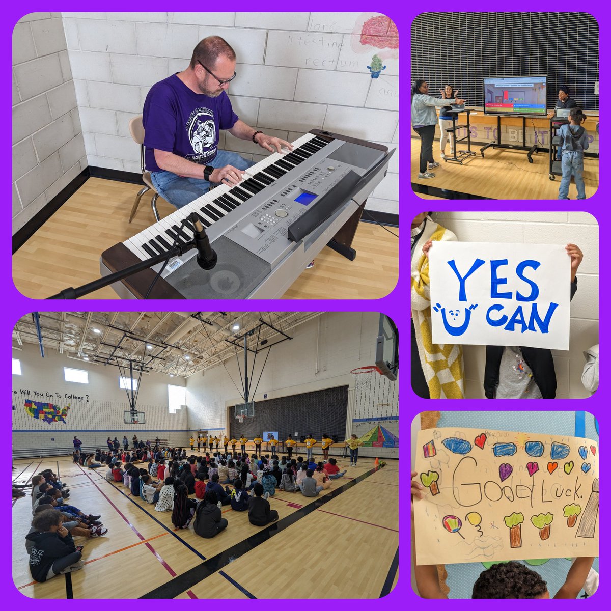 knights2901's tweet photo. Our SOL Pep Rally was Awesome!! K-2 students made motivational signs. We had cheerleaders! We had friendly teacher vs. student competitions. Mr. Sander rocked out a song! Our Knights are ready to Rock the Tests! 💜🎉 #SOLPepRally #WeAreTheKnights https://t.co/1lQPBc2Hqx