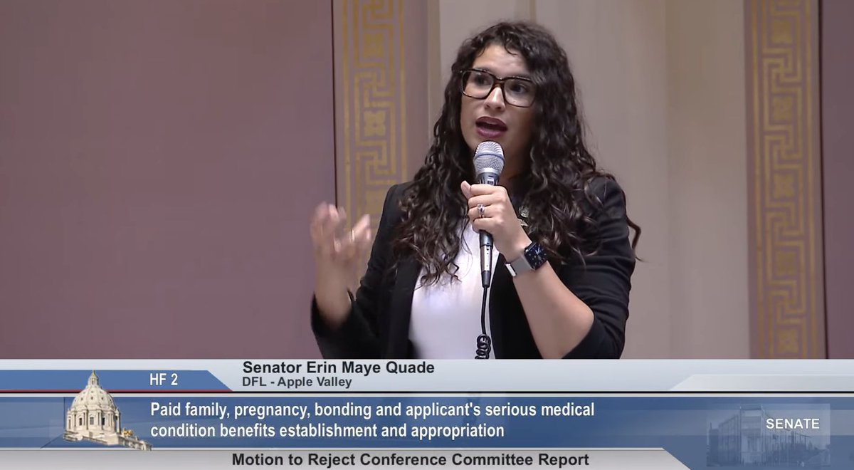 A few GOP members seem to be pushing for 100% wage replacement instead of the tiered wage replacement starting at 90% that's in #PaidLeaveMN. Sen. <a href="/ErinMayeQuade/">Erin Maye Quade</a> says it's a great idea and those senators should co-author a bill w/her next year to  bump up replacement to 100%.