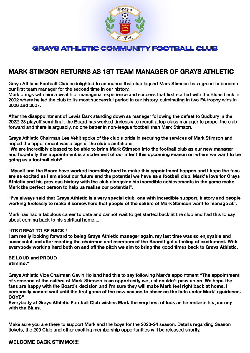 GraysAthleticFC's tweet photo. MARK STIMSON RETURNS AS 1st TEAM MANAGER OF GRAYS ATHLETIC. 
Grays Athletic are delighted to announce that Mark Stimson has agreed to return home and become our new 1st team manager. 
WELCOME HOME STIMMO!!!!!
Full Statement below: https://t.co/bdLswu3sPk