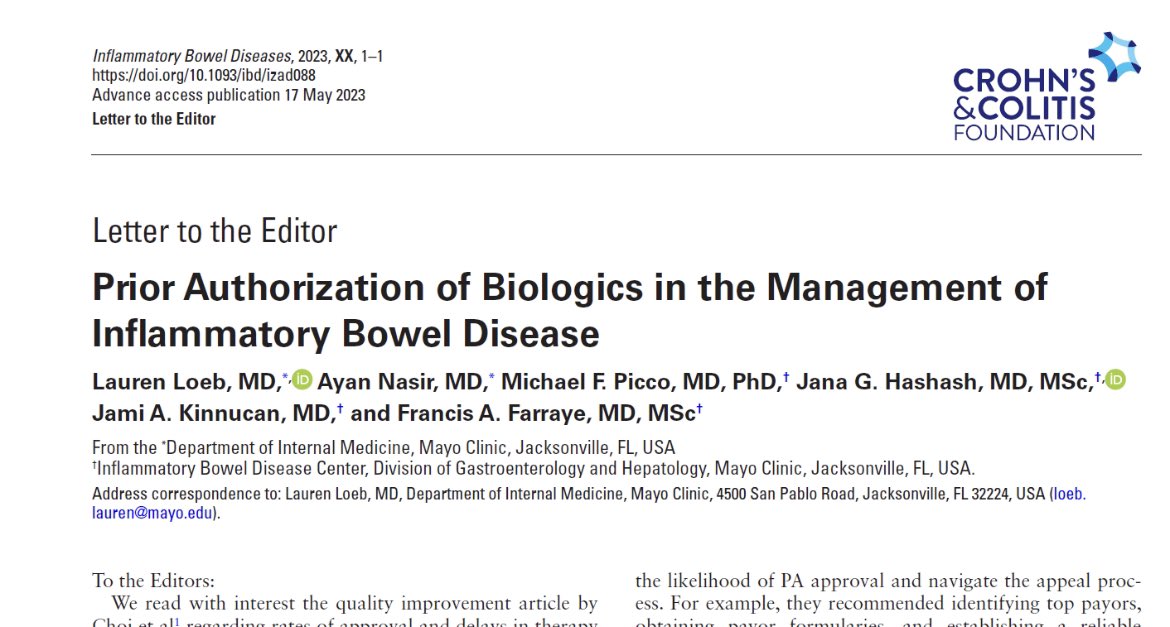 A @MayoClinicGIHep @MayoClinic rising #womeninGI Dr Loeb with Letter to the Editor @IBDJournals @CrohnsColitisFn Highlighting the delays that #IBD pts face while trying to get access to treatment #respectmyprescription #steptherapyreform 👀academic.oup.com/ibdjournal/adv…