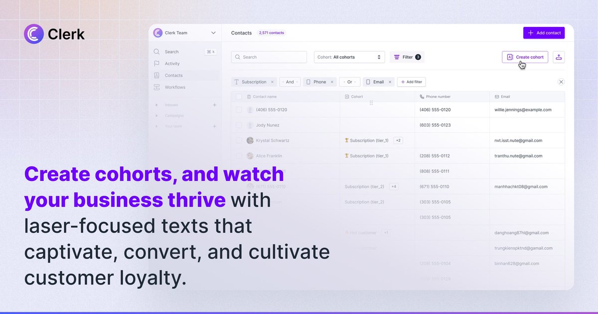 clerkchat's tweet image. Are you making the most of your contact list? 💬

If not, you're missing out on a world of possibilities.

With Clerk, you can manage your contacts with ease and create targeted messaging that hits the bullseye every time. 🎯 

#ContactManagement #CustomerEngagement