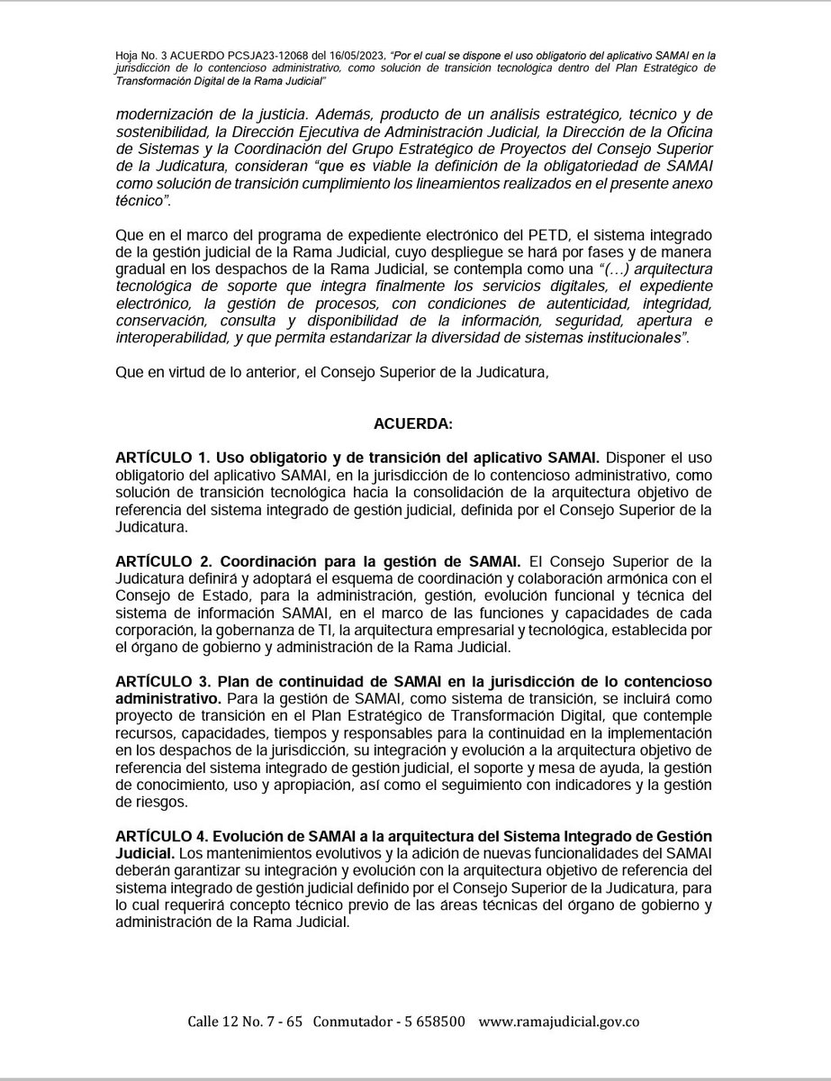 TribunalSucre's tweet photo. Mediante acuerdo PCSJA23-12068 el @judicaturacsj dispone uso obligatorio del aplicativo SAMAI en la Jurisdicción de lo Contencioso Administrativo. https://t.co/GGcwxRoF8q