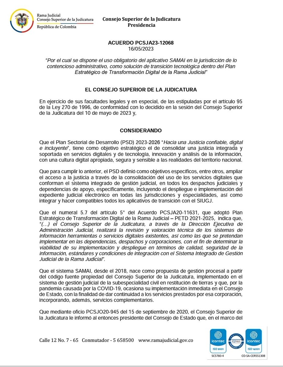 TribunalSucre's tweet photo. Mediante acuerdo PCSJA23-12068 el @judicaturacsj dispone uso obligatorio del aplicativo SAMAI en la Jurisdicción de lo Contencioso Administrativo. https://t.co/GGcwxRoF8q