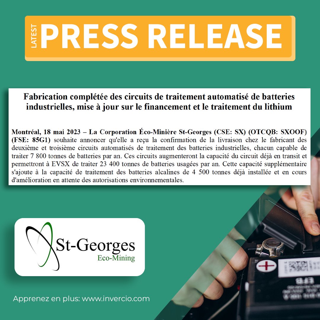Inverci0's tweet photo. Nouvelles passionnantes de St-Georges Eco-Mining Corp : Circuits de traitement automatisé des batteries terminés ! 💥 $SX $SXOOF
Apprenez en plus:
https://t.co/mSJhCLUDs4
#BatteryProcessing #EcoMining #BatteryRecycling #CleanTechnology #SustainableSolutions #Innovation https://t.co/n8JqTtth4l