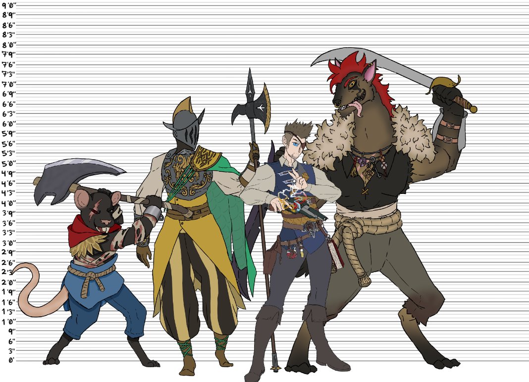 ThatGuyStiv's tweet photo. Been having fun with height charts and random D&D characters. Keeps me sane.
#dnd5e #DnDcharacter #dndoc
#gnoll #ratfolk #halberd #gunwizard #OC https://t.co/AfertNYTgd