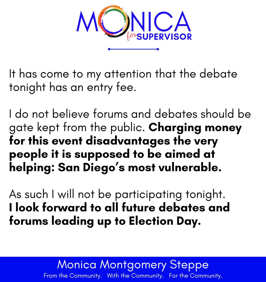 I will not be participating in tonight’s debate.