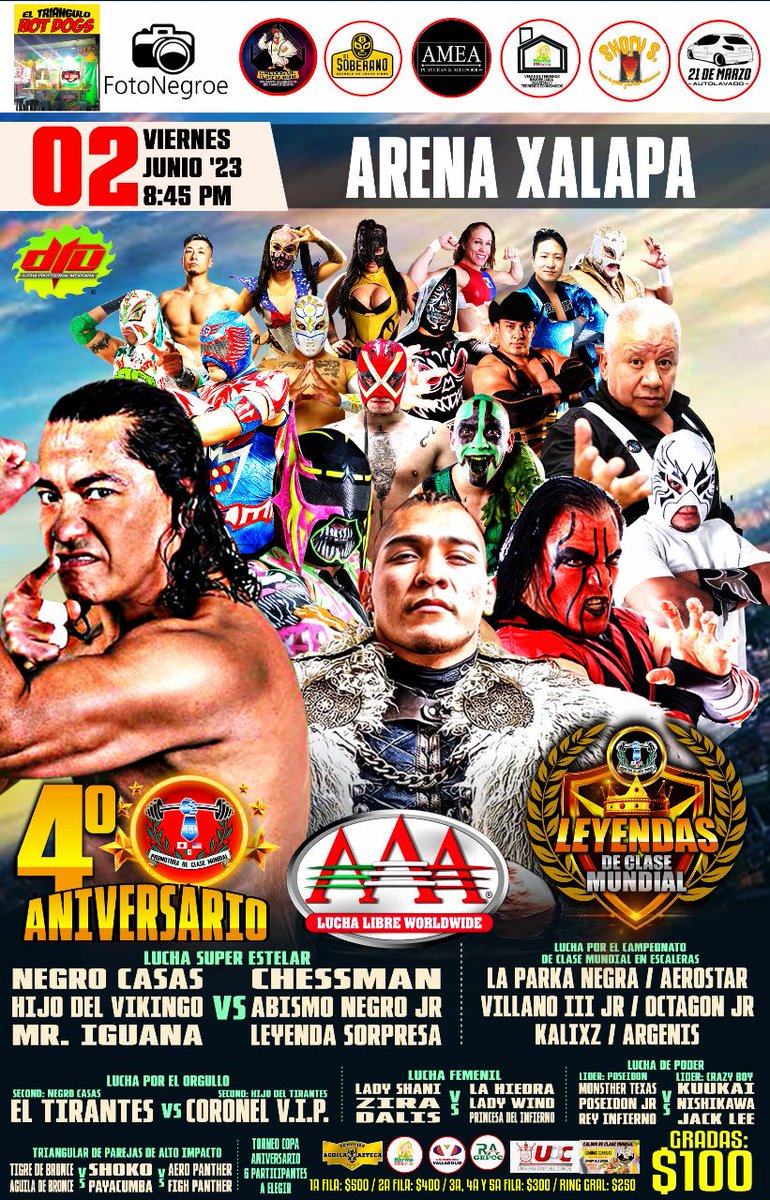 Ya estamos en la arena Xalapa con la preventa de boletos para este 2 de junio donde llegan las estrellas de <a href="/luchalibreaaa/">Lucha Libre AAA Worldwide</a> <a href="/negrocasas1001/">NegroCasas</a> <a href="/dalyscaribenaaa/">Dalys la caribeña</a> <a href="/parka_negra/">Parka Negra</a> <a href="/LadyShaniAAA/">Lady Shani</a> <a href="/LaHiedraAAA/">La Hiedra</a> <a href="/vikingo_aaa/">Hijo del Vikingo</a> <a href="/aaaerostar1/">AEROSTAR OFICIAL</a> <a href="/Octagon_AAA1/">Octagón JR AAA</a> <a href="/MrIguana/">Mr. Iguana</a> <a href="/argeniskaronte/">argenis</a>