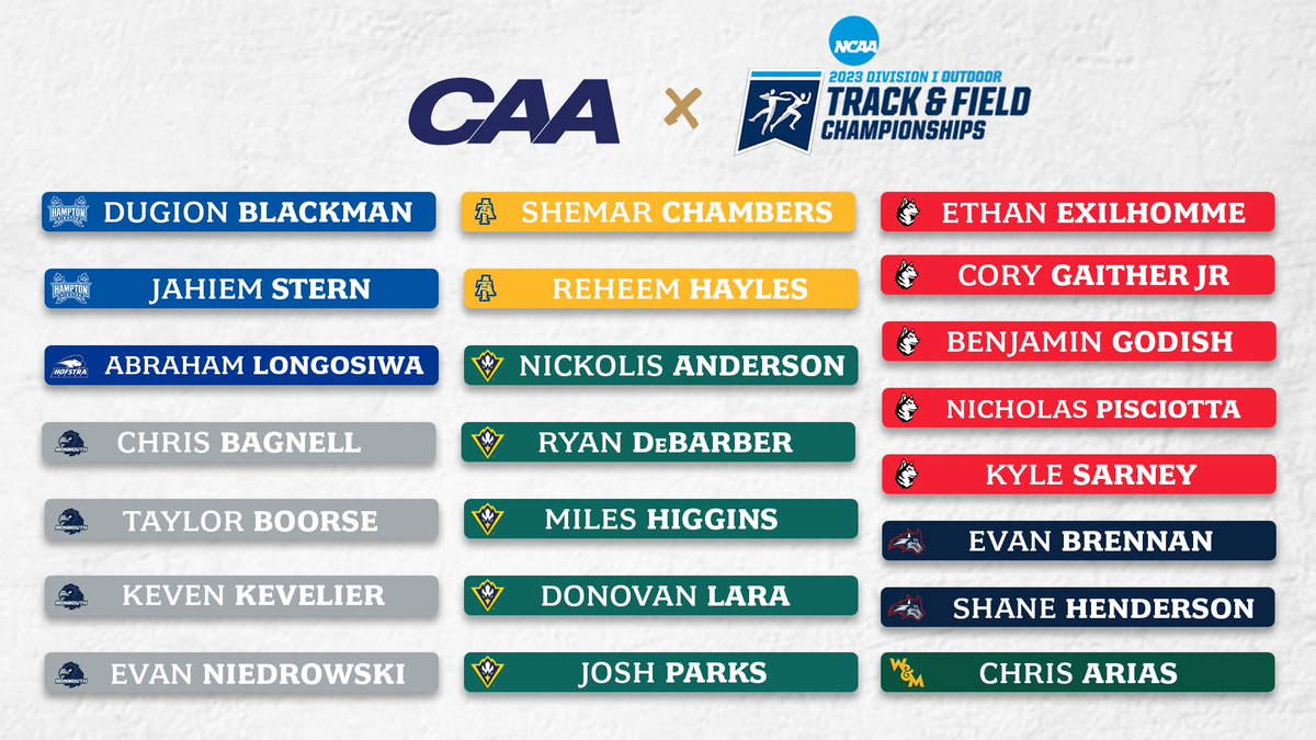 👟 The CAA Men's Track &amp; Field NCAA Regional qualifiers 👇

<a href="/HUAthletics1868/">Hampton University Athletics</a> <a href="/HofstraTrackXC/">Hofstra Track & Cross Country</a> @MUHawksXCTF <a href="/ncattfxc/">NCA&T Track & Field</a> <a href="/SeahawkTFXC/">UNCW Cross Country & Track and Field</a> <a href="/GoNUtrack/">Northeastern TFXC</a> <a href="/StonyBrookXCTF/">Stony Brook XC/TF</a> <a href="/WMTribeXCTF/">William & Mary Tribe XC/Track and Field</a>
