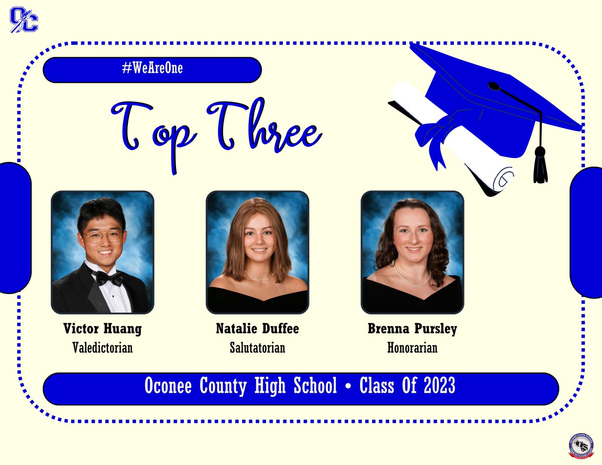 We are pleased to recognize the top three graduates from North Oconee and Oconee County high schools:

NOHS
Valedictorian: Jack Armstrong
Salutatorian: Ricky Liu
Honorarian: Seth Shi

OCHS
Valedictorian: Victor Huang
Salutatorian: Natalie Duffee
Honorarian: Brenna Pursley