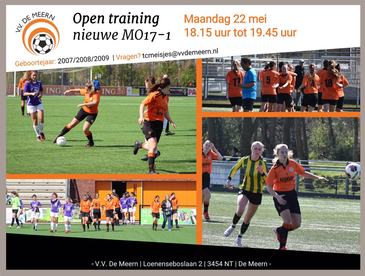 <a href="/VVDeMeern/">V.V. De Meern</a> Op maandag 22 mei as. is er een open training bij V.V. De Meern. Hier krijg je de kans te laten zien wat je kunt. 

Wie weet speel jij volgend seizoen in onze nieuwe MO17-1, met als doel het behalen van divisieniveau. 

Jij komt toch ook?