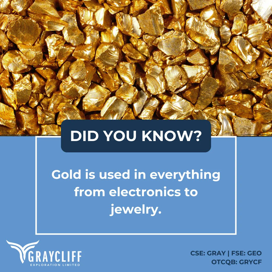 GraycliffExplor's tweet photo. As a valuable &amp; versatile metal, #gold has a wide range of uses! #Follow our page for #miningindustry insights &amp; #updates on the latest trends in the #goldmarket.

Visit our website to #learnmore about Graycliff Exploration. https://t.co/vPYrGwPrs5

$GRAY $GRAY.C $GRYCF https://t.co/VYmQ1e3CFV
