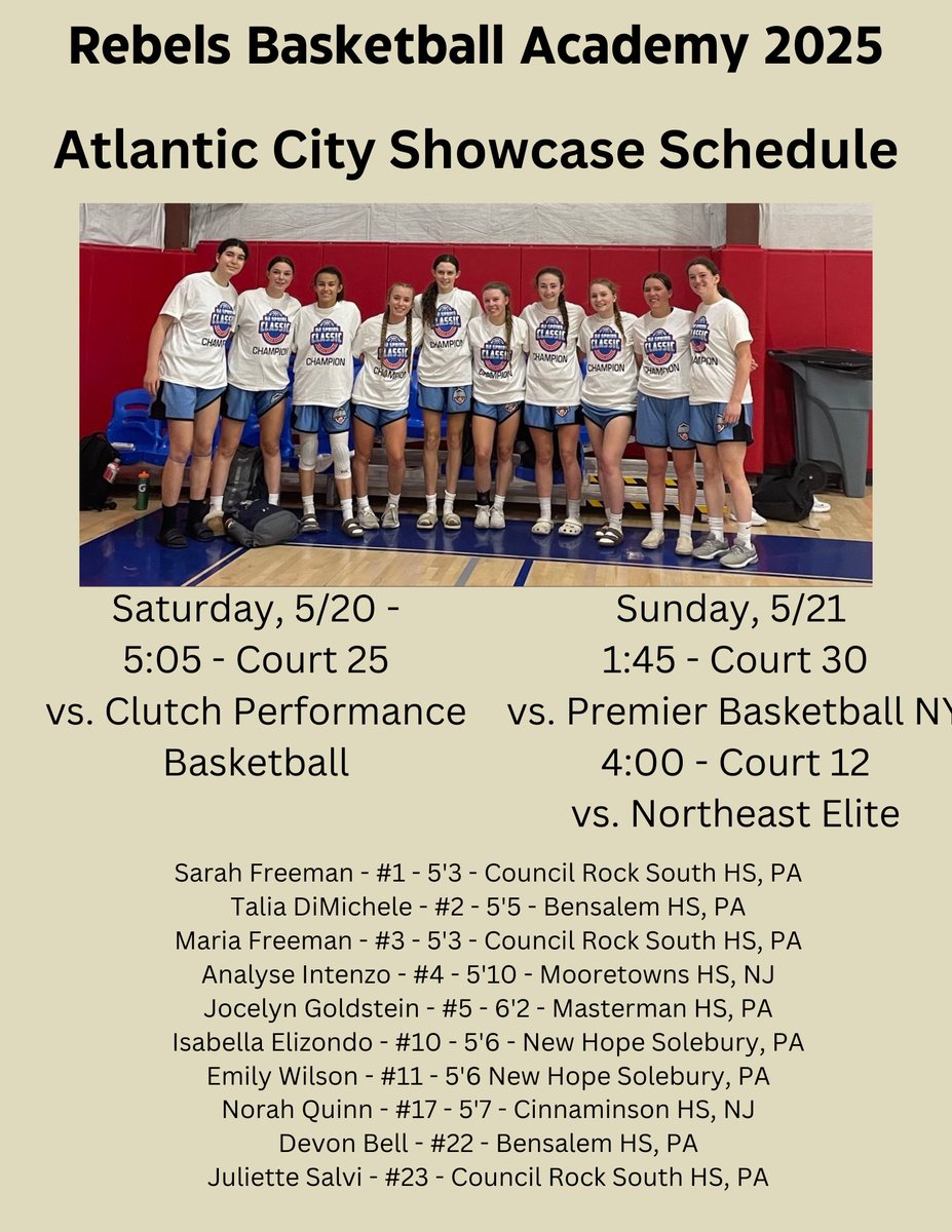 Schedule for this weekend at the Atlantic City Showcase! Coaches, please come watch us play! We play hard and unselfish. We are currently 8-0 on the season. We have great guard play and a 6’2 post beast! 🏀💪🏽 <a href="/StephenPolinsk1/">Coach Pole</a> <a href="/CoachJohnsonBGB/">Steve Johnson</a>