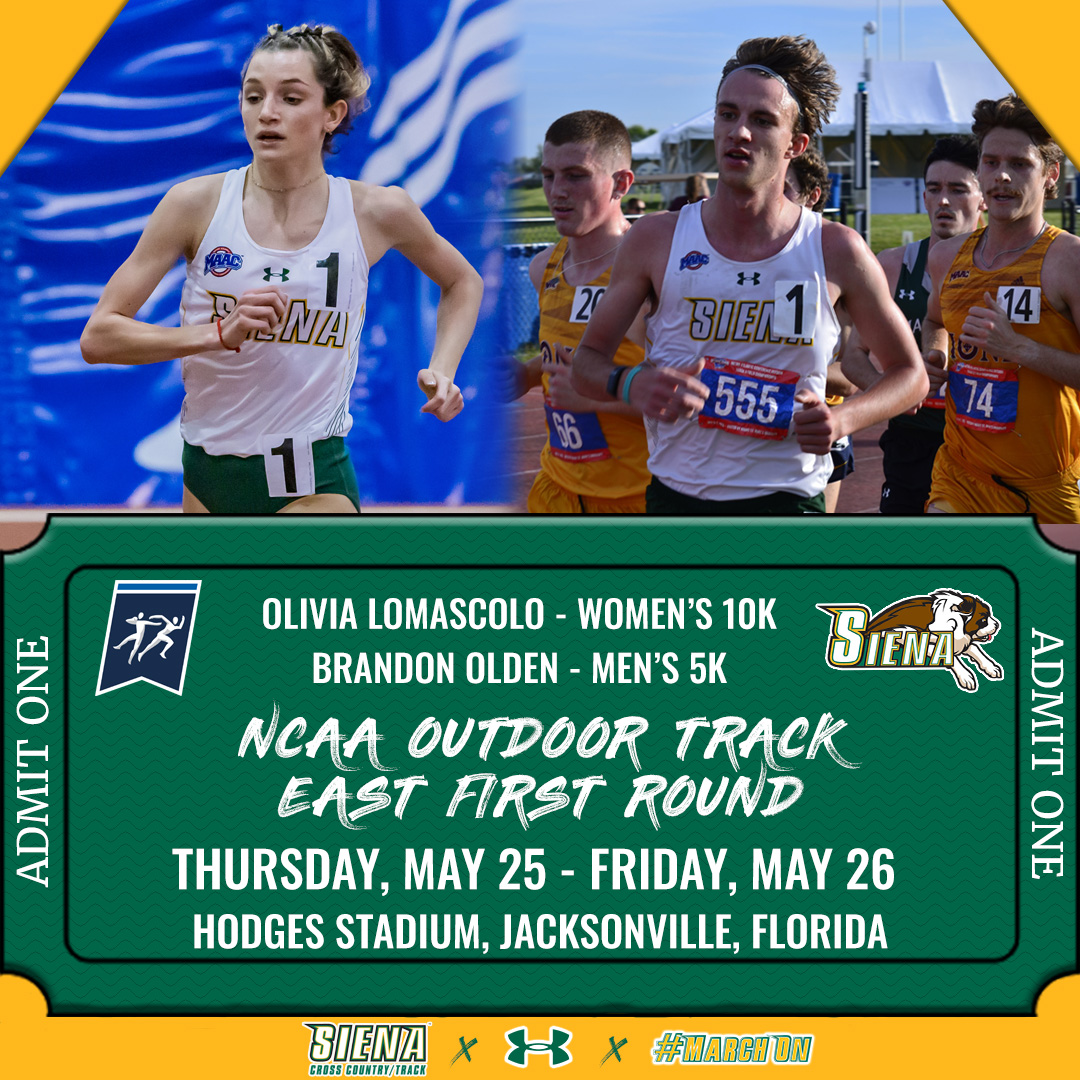 🎟️ PUNCHED 

<a href="/SienaXCTrack/">Siena Cross Country & Track</a>'s Brandon Olden &amp; Olivia Lomascolo are headed to the <a href="/NCAATrackField/">NCAA Track & Field</a> East First Round, becoming only the 2⃣nd and 3⃣rd modern runners to qualify! 👏👏

📰 bit.ly/42V8Wew

#MarchOn | #SienaSaints | #NCAATrack | #MAACTrack