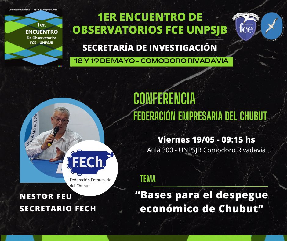 FCE__UNPSJB's tweet photo. 📌Conferencia “Bases para el despegue económico de Chubut”, en el 1er Encuentro de Observatorios de la FCE #ComodoroRivadavia. Los esperamos!
🗓️19/05- 9:15hs
@redcame
@FechChubut
@CaCIPCR
@CamaraRw
@lcarlosalorenzo
@camadpm
@conocimientoCR
@FacundoBall
@cesarherrera_cr
@FeuNestor https://t.co/pCV1wMc3qe