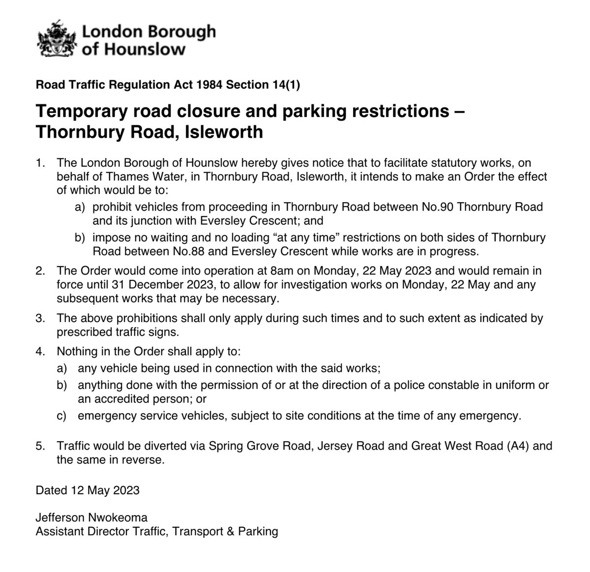 tonylouki's tweet image. Thornbury Road, south of Great West Road, shut for most of coming Monday 22.5.2023 by Eversley Crescent in #OSGWard. Due to @thameswater sewer survey. Long diversions including the @TfL H28 #MagicBus not serving Thornbury and Spring Grove Roads. @OWGRA
