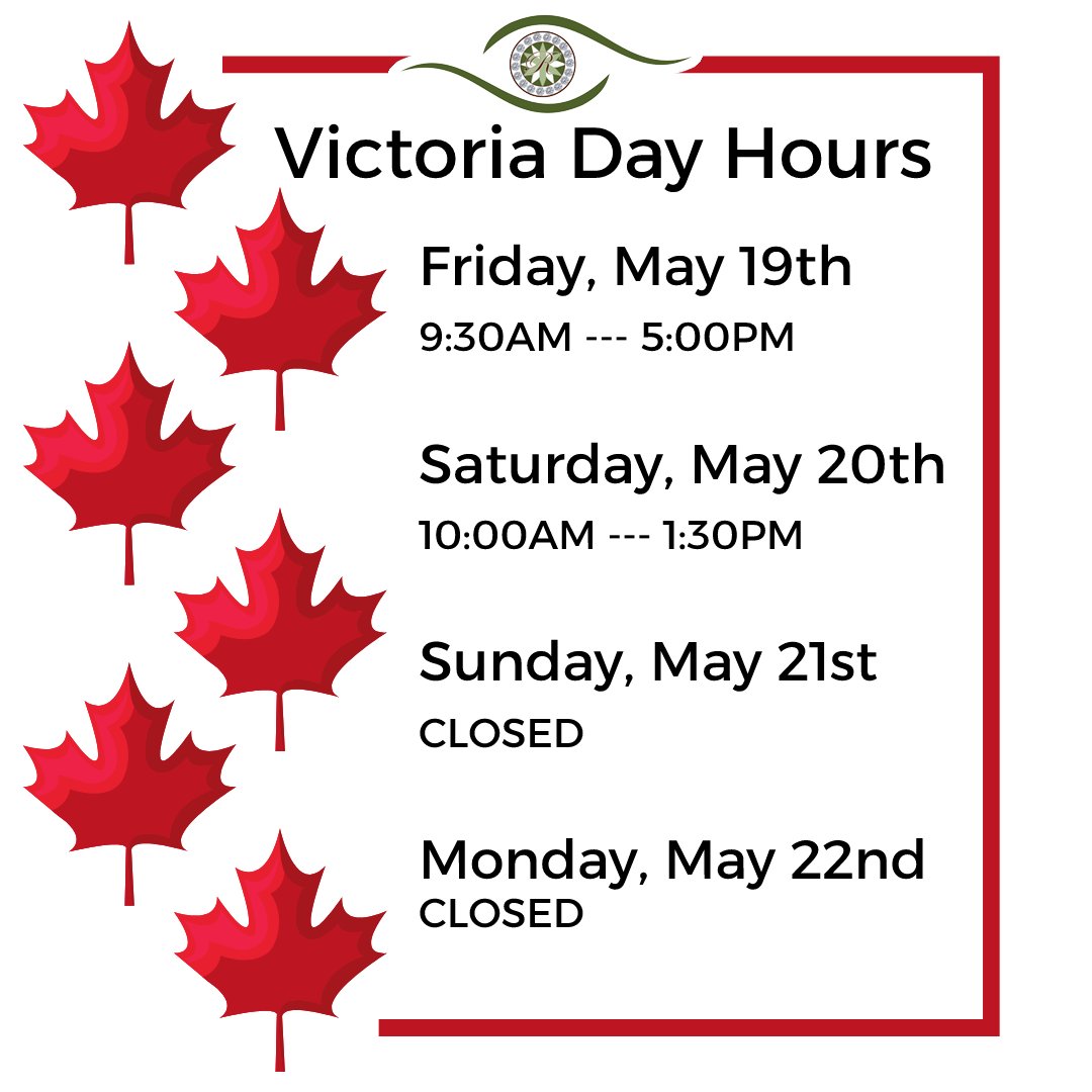 regaleyecare's tweet photo. This Victoria Day long weekend, our store hours will be a little different.

Regal Eye Care Opening Hours:
Friday, May 19th -------- 9:30AM to 5:00PM
Saturday, May 20th ---- 10:00AM to 1:30PM
Sunday, May 21st ------- CLOSED
Monday, May 22nd ----- CLOSED https://t.co/mGYkmVXgzF