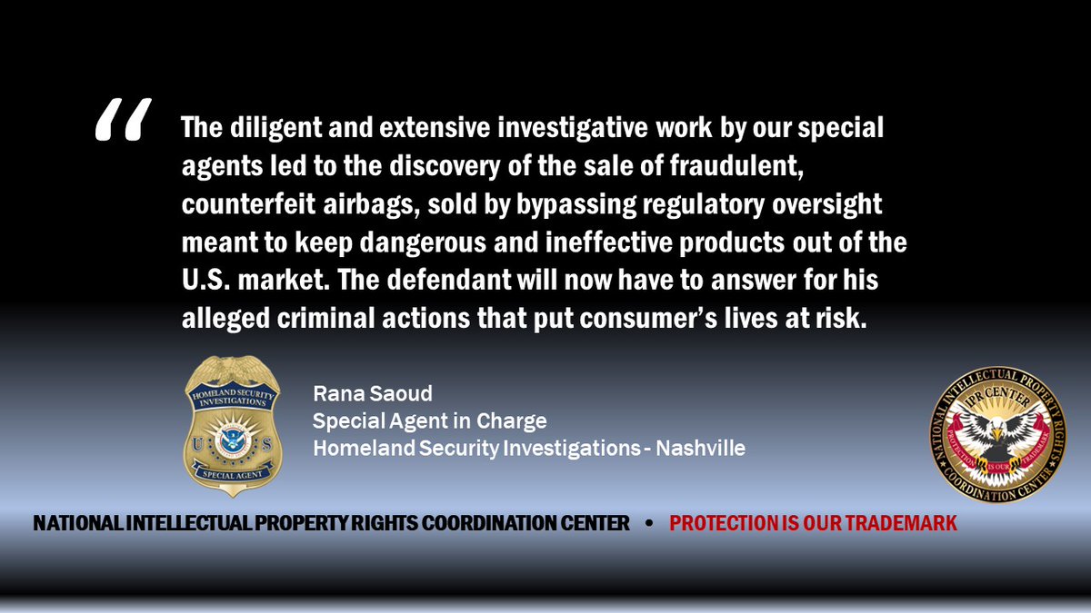 National IPR Center (@iprcenter) on Twitter photo A Tennessee man faces up to 15 years imprisonment and a fine in excess of $2M for trafficking counterfeit airbags in a case investigated jointly with <a href="/HSI_Nashville/">HSI Nashville</a>. Read more here: justice.gov/usao-wdtn/pr/m… A Tennessee man faces up to 15 years imprisonment and a fine in excess of $2M for trafficking counterfeit airbags in a case investigated jointly with <a href="/HSI_Nashville/">HSI Nashville</a>. Read more here: justice.gov/usao-wdtn/pr/m…
