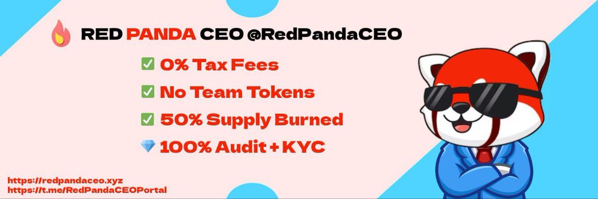 bigbunnycrypto's tweet photo. ♥️ 🐼 Red Panda CEO 🐼♥️

🚀 Elon Musk's Favourite CEO and Puppy On Its Way To The Moon 🔥🚀🌕

🐼0% Tax Fees
🕶️5% Marketing
🐼No Team Tokens
🕶️50% Supply Burned
🐼100% Audit + KYC

DYOR👇
🌐: https://t.co/KZakGPIrtL

🎁 GIVEAWAY to win:
1️⃣Follow Twitter @RedPandaCEO
2️⃣Like + Retweet this Tweet!
3️⃣Join Telegram + Chat!
https://t.co/Cgtoesk49d

🟩2023/05/19 7:00 UTC 
🟥2023/05/22 7:00 UTC 

Prices:
🥇: $20
🥈: $ 10
Top 3 - 10: $5

🍀 GOOD LUCK 🍀