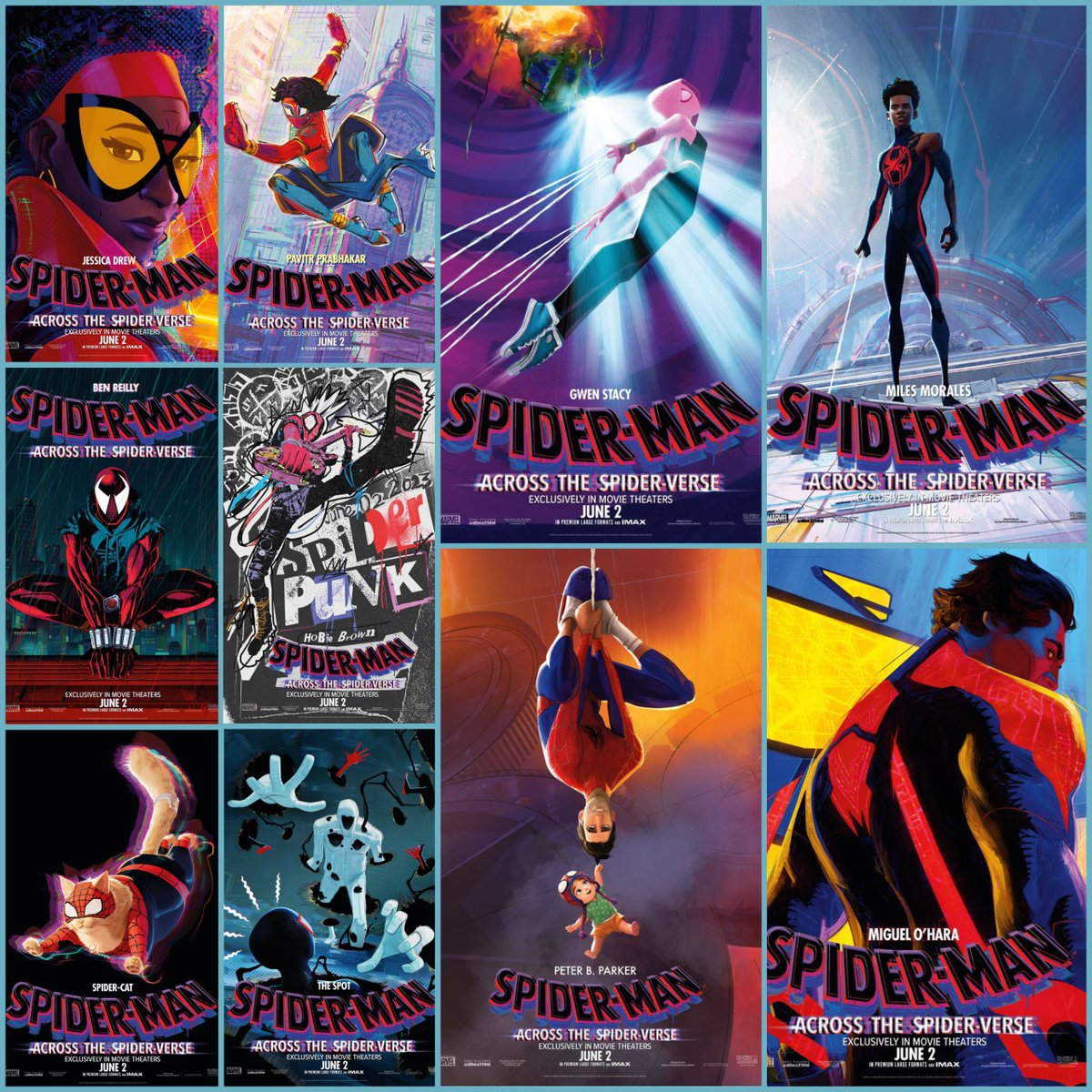 New Spider-Man: Across the #SpiderVerse character posters for:

#MilesMorales
#GwenStacy 
#PeterBParker
#MiguelOHara
#JessicaDrew
#SpiderManIndia
#SpiderPunk 
#ScarletSpider
#SpiderCat 
#TheSpot