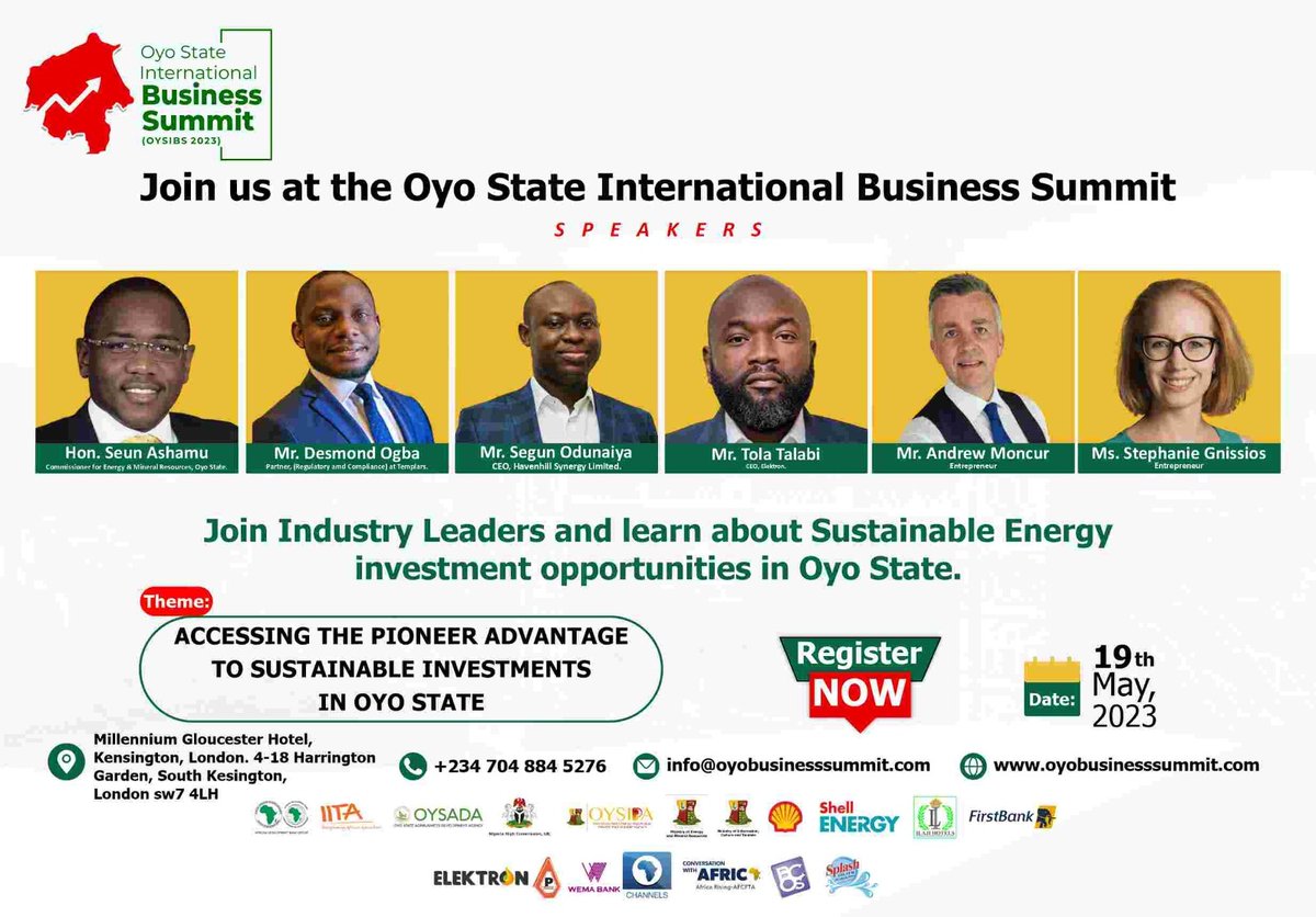 OYIBSummit's tweet photo. Are you set for the game changing investment summit?

We updated the list of our speakers and panelists on investment in sustainable energy in Oyo State.

 See you at the investment summit tomorrow 

#oyostate #oyobusinesssummit #Oyolondonsummit #oyostatesummitlondon #seyimakinde https://t.co/hEVfQ3ZOPm