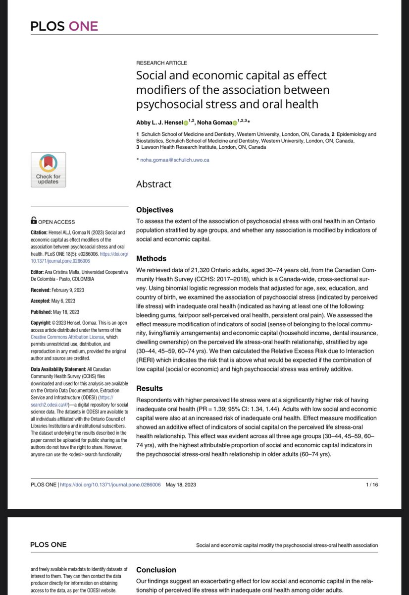 Psychosocial stress relates to poor #oralhealth in #Ontario🇨🇦, but can better social &amp; economic capital buffer this relationship? Our new paper out today <a href="/PLOSONE/">PLOS One</a>. ⬇️

Congrats <a href="/hensel_abby/">Abby Hensel</a> on 1st 1st-author #oralhealth paper! 👏🏼  <a href="/westernuepibio/">Western Epi&Biostats</a> #SDOH

tinyurl.com/57mx5fhz